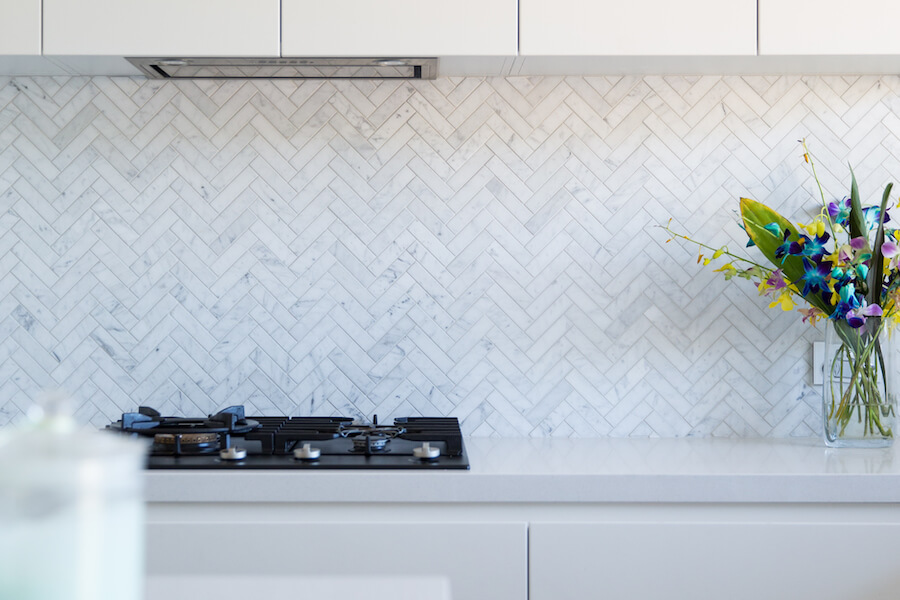 Kitchen and Bath Transformations - Custom Tile Backsplash in Anaheim Hills, Herringbone Stone Tile, Kitchen and Bath Renovations